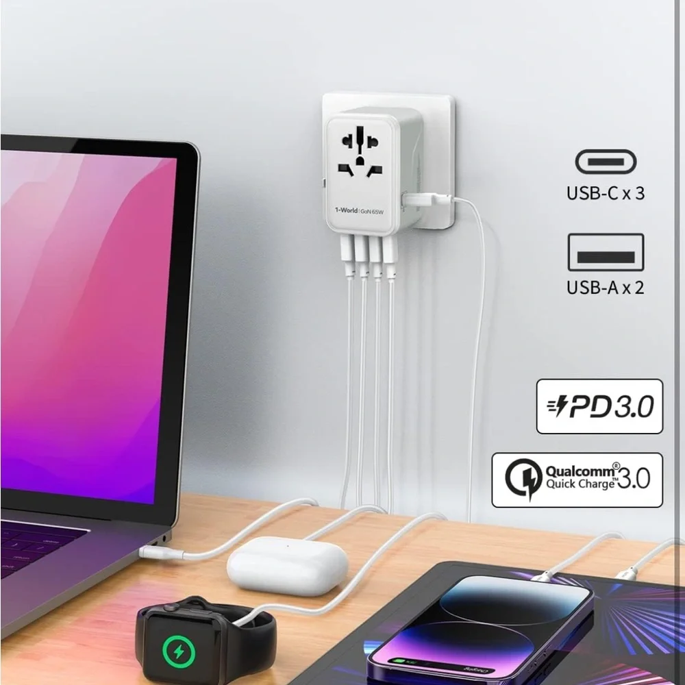 Universal Travel Adapter, 70W GaN International Power Adapter, 3‎ USB-C & 2 USB